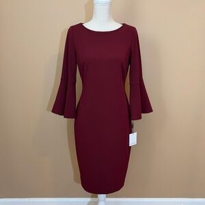 Calvin Klein Solid Burgundy Bell Sleeve Sheath Dress Size 8
